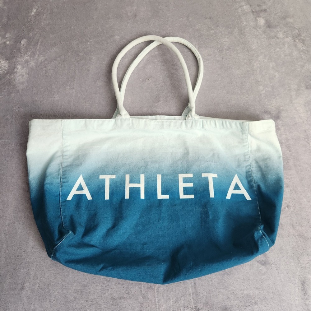 Athleta Tote Bag Gym Blue Ombre Large Canvas Shopping Bag 17.5X13 Travel Cotton